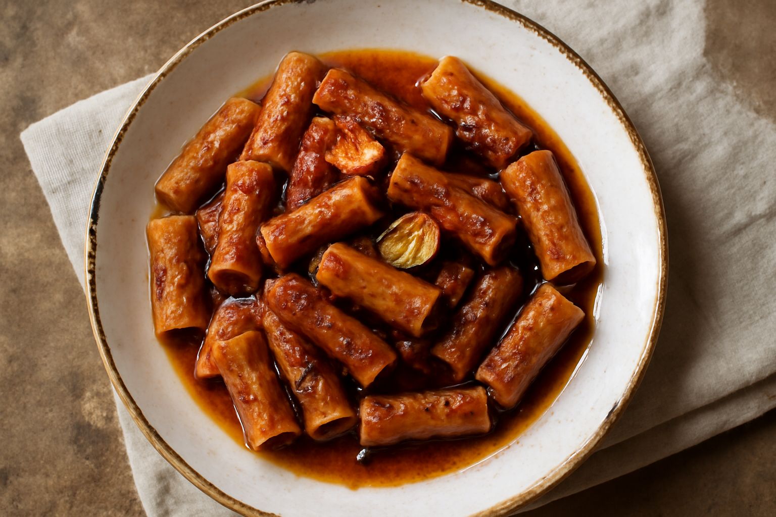 Piatto di pasta Ormeasco con salsa di pomodoro rosso brillante, aglio affettato sottile, peperoncino rosso e olio d'oliva, guarnito con prezzemolo fresco verde