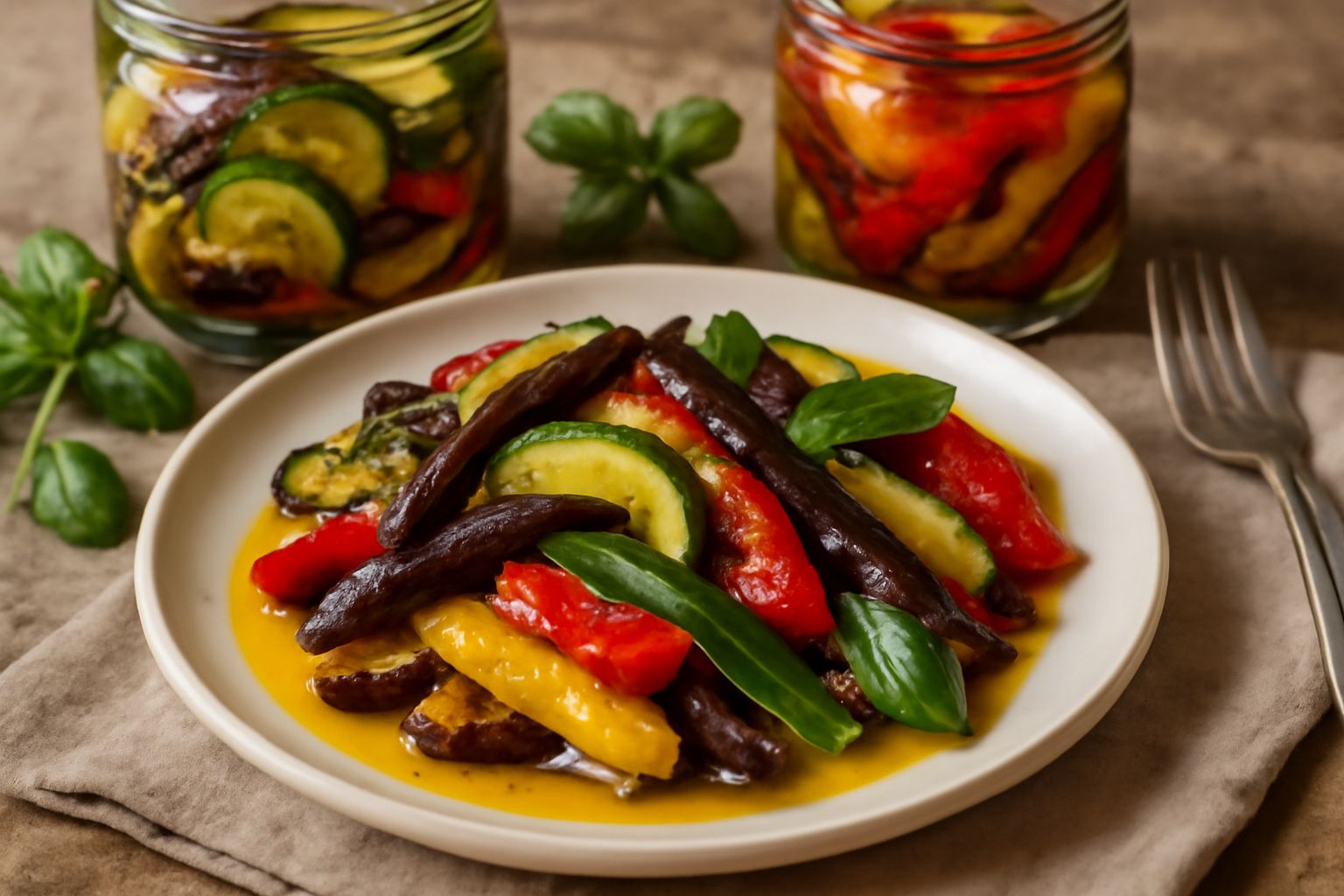 Vasetti di vetro trasparente con ortaggi sott'olio: strisce di melanzana viola, zucchine verdi e peperoni rossi immersi in olio dorato, con foglie di basilico e aglio, disposti su un tavolo di legno c