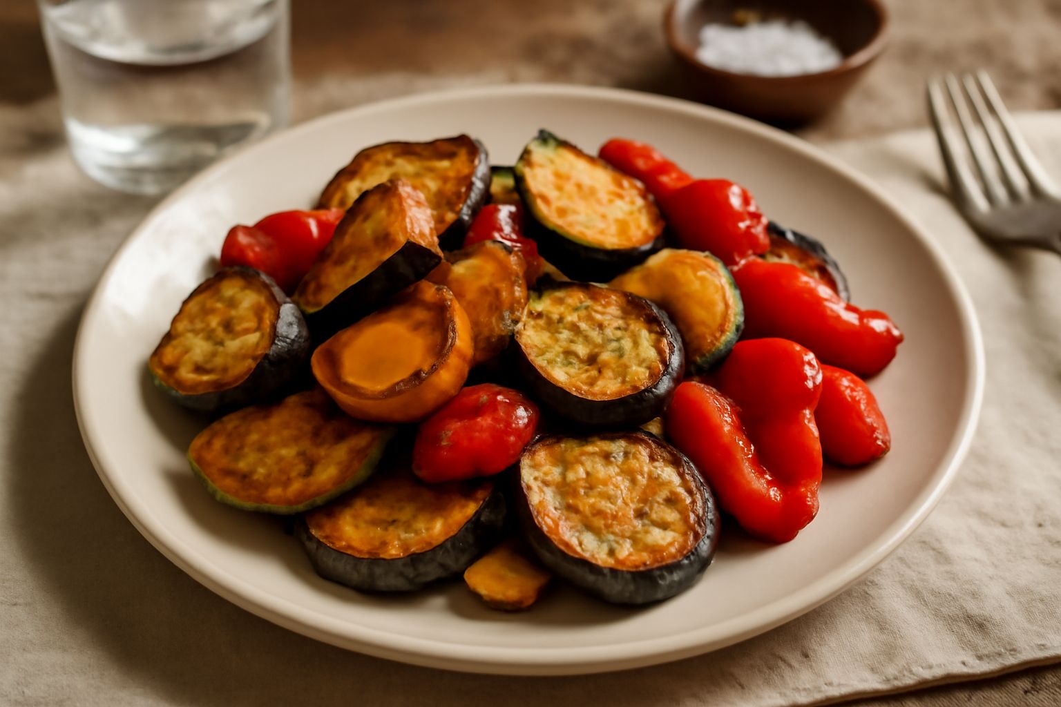 Ortaggi soffritti appena cotti: melanzane viola dorato, zucchine giallo-marrone, peperoni rossi croccanti, ancora caldi su un piatto bianco, cosparsi di sale marino fine e prezzemolo fresco tritato