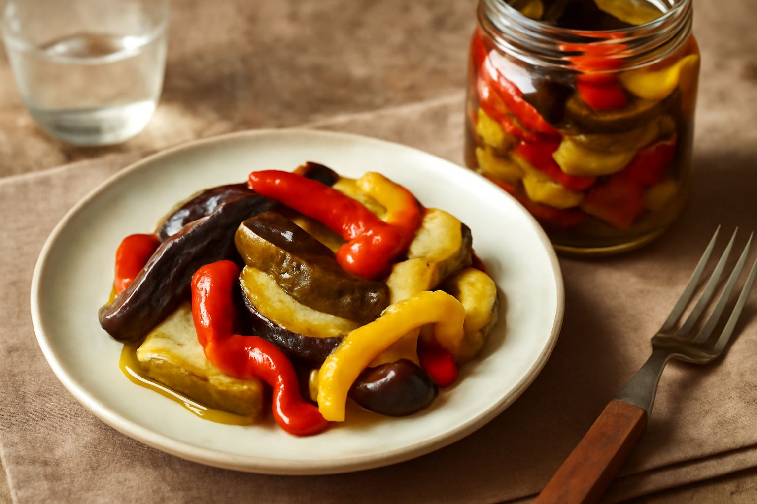 Barattolo di vetro con melanzane e peperoni sott'olio, ortaggi immersi in olio dorato, foglie di basilico fresco, su tavolo di legno con luce naturale