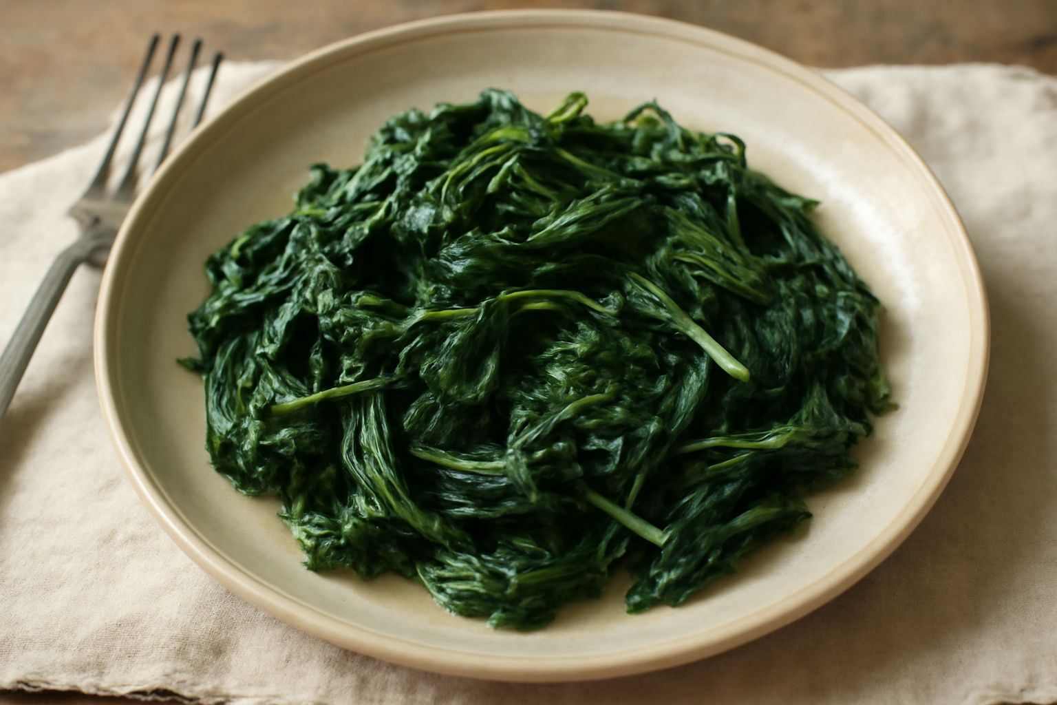 Ortica bollita verde e morbida in un piatto bianco fondo, condita con olio e aglio, con foglie intere luccicanti e un lieve vapore