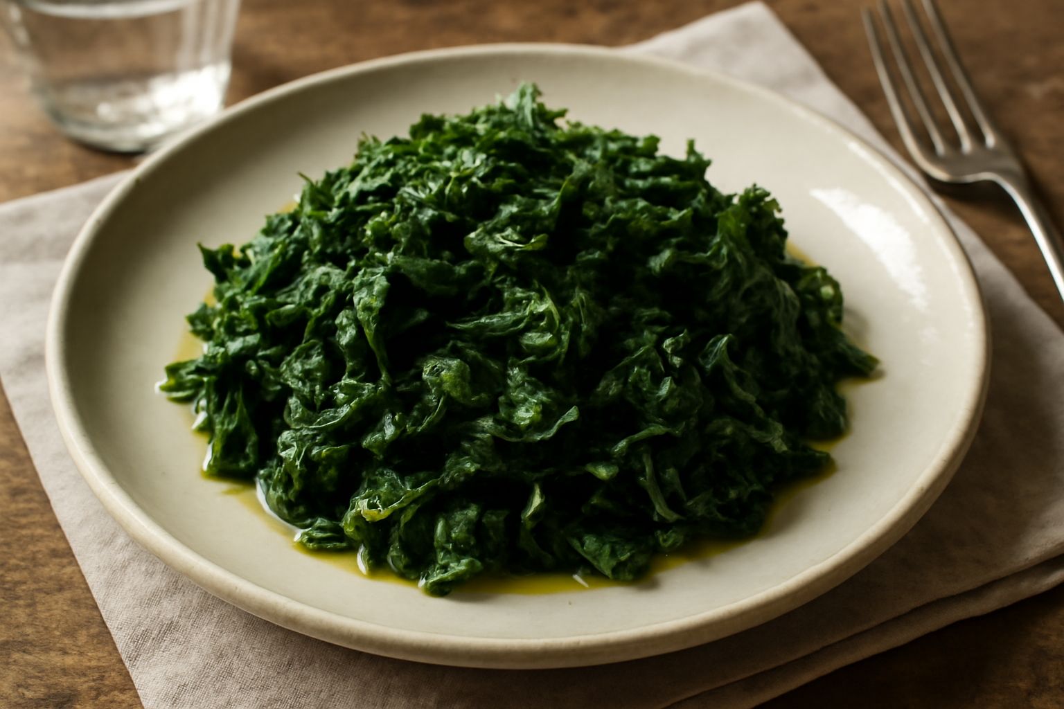 Foglie di ortica verde scuro cotte in padella con aglio dorato e olio, servite in un piatto bianco con filo di olio extravergine e pepe nero