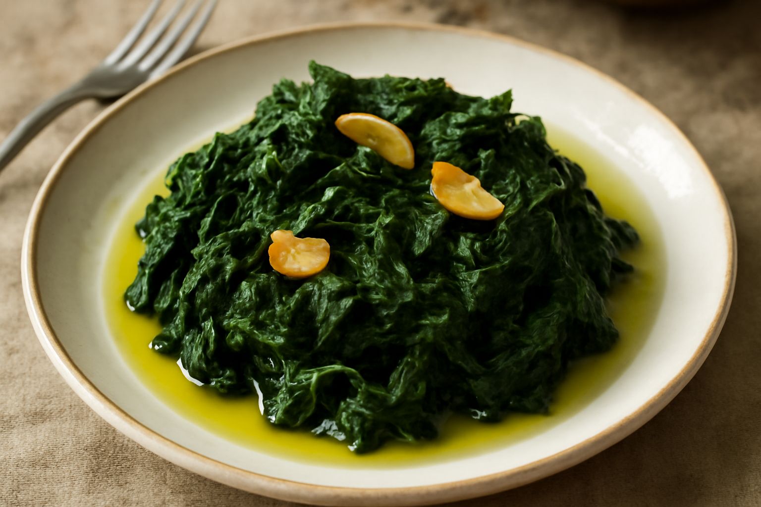 Ortica lessa servita in un piatto bianco, verde scuro e morbida, condita con olio extravergine di oliva e aglio, con una fetta di limone accanto