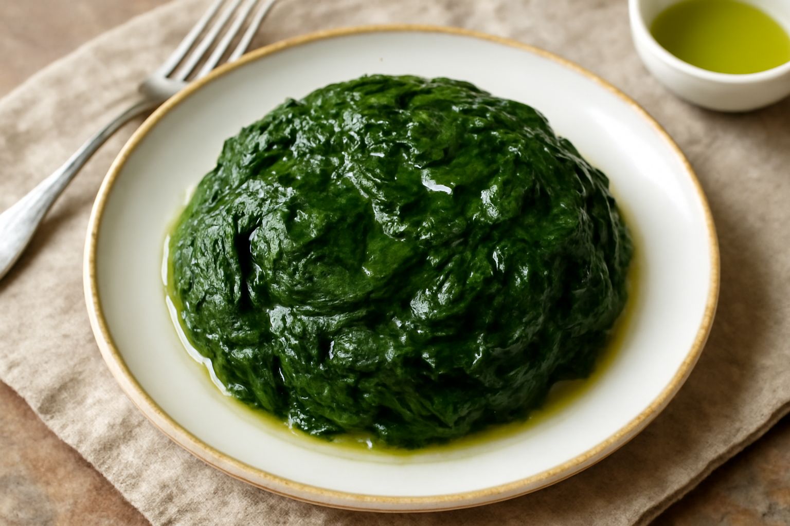 Ortica lessata verde scuro in un piatto bianco, condita con olio extravergine e aglio, con alcune foglie intere visibili e un filo di olio che scivola nel piatto