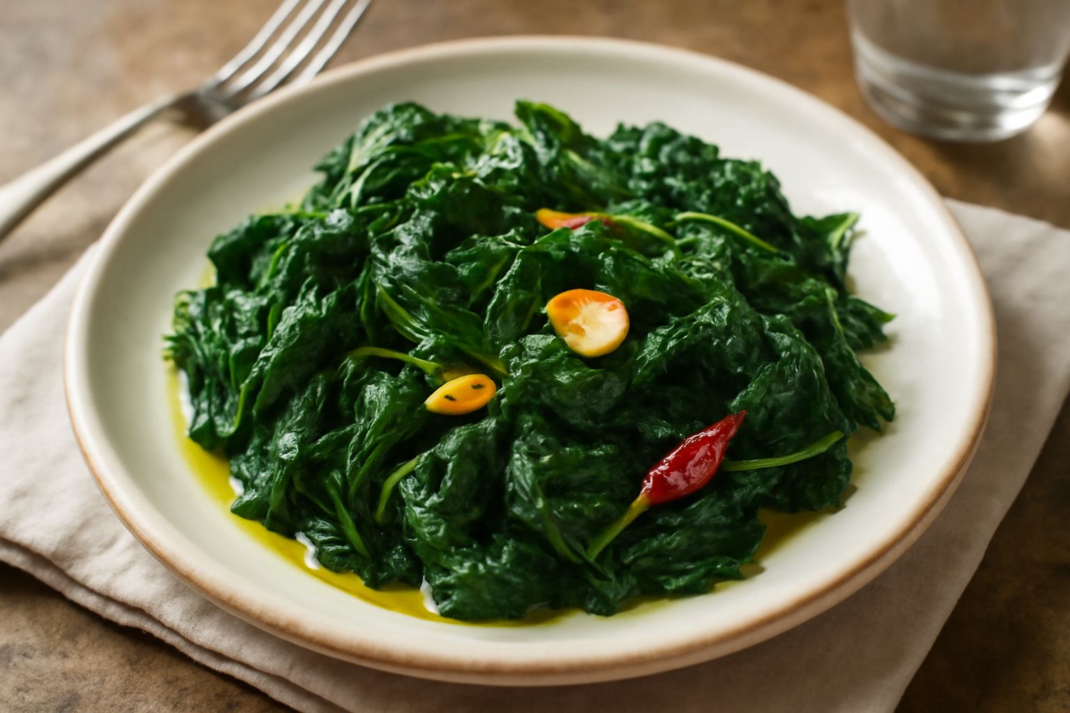 Piatto bianco con ortica ripassata verde intenso, aglio dorato leggermente tostato, filo di olio lucido in superficie, peperoncino rosso spezzettato visibile tra le foglie