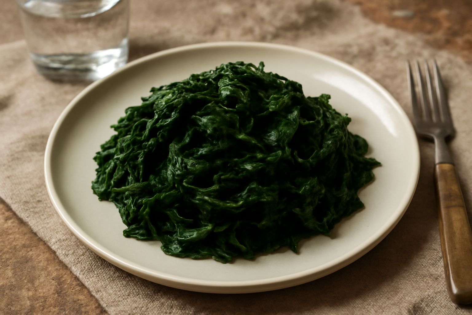 Piatto bianco con ortiche bollite verdi brillanti, condite con olio extravergine e aglio dorato, con fettine di limone sul bordo