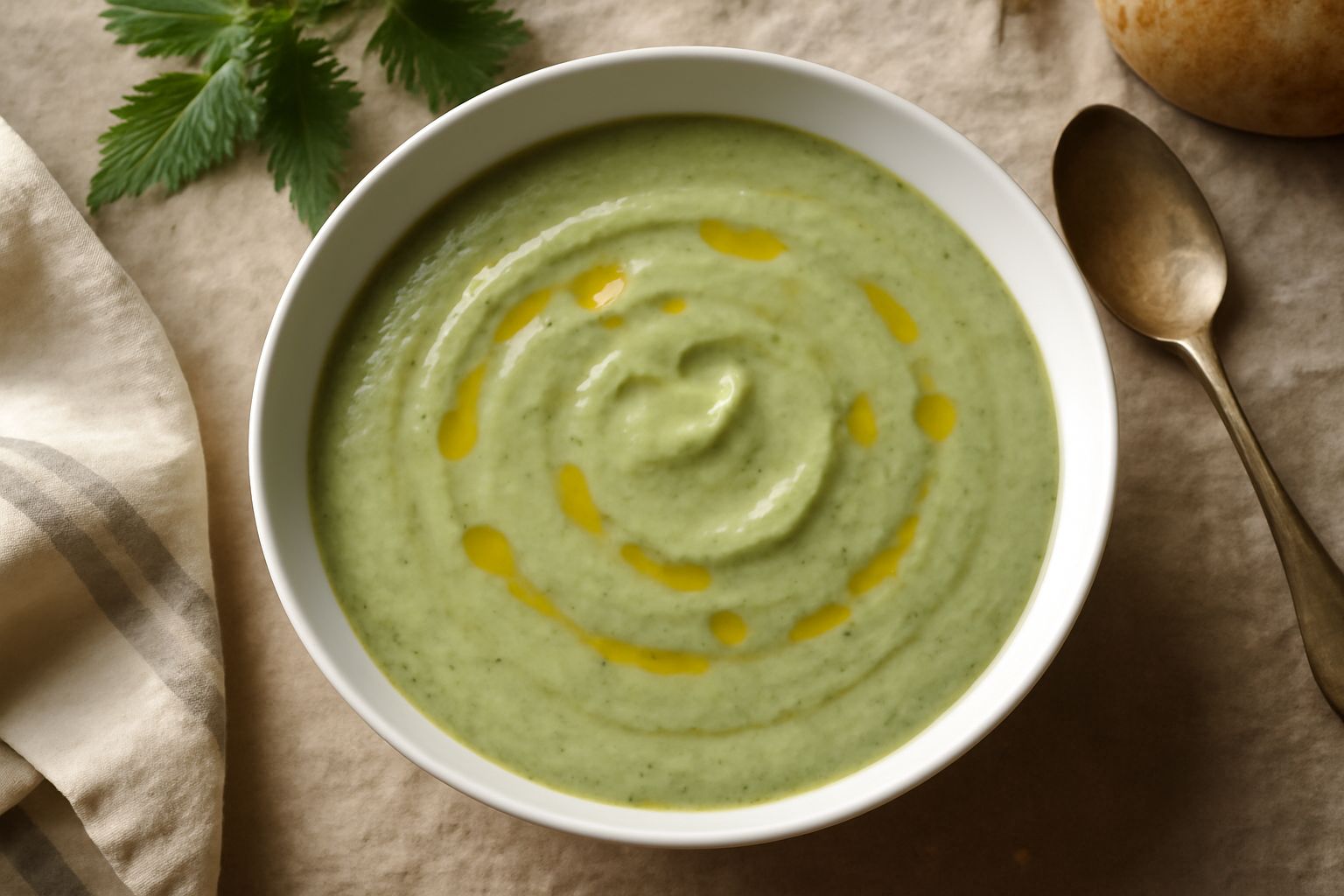 Una ciotola bianca con crema verde pallido di ortiche e patate, decorata con una foglia di ortica fresca e un filo di olio extravergine; sullo sfondo un cucchiaio di legno e patate crude accanto