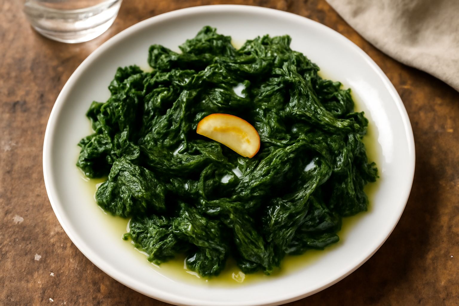 Ortiche lessate verde scuro servite in un piatto bianco, condite con olio d'oliva e spicchi d'aglio, con una manciata di sale marino grosso sparso in superficie