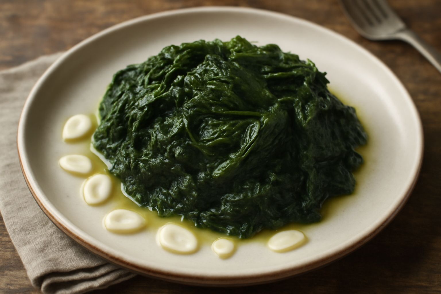 Piatto bianco con ortiche lessate verde scuro, umide e morbide, condite con olio dorato e spicchi d'aglio crudo, servite a temperatura ambiente con limone a fette sul bordo