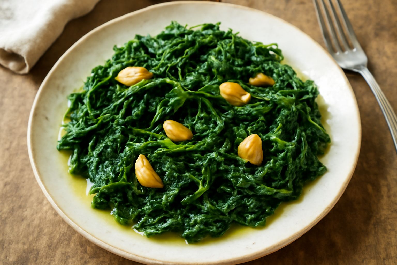 Piatto di ortiche ripassate verde scuro, leggermente oleose, con spicchi d'aglio dorato sparsi, contornate da un filo di olio d'oliva a crudo e pepe nero macinato fresco