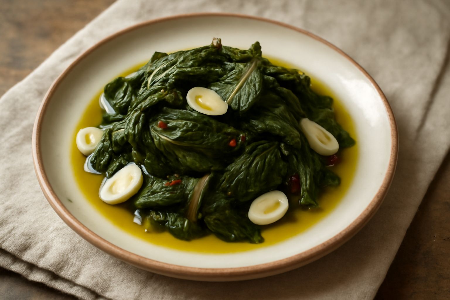 Vasetto di vetro con ortiche scure sott'olio di oliva trasparente, aglio affettato e peperoncino rosso visibili tra le foglie, etichetta bianca sulla spalla del barattolo