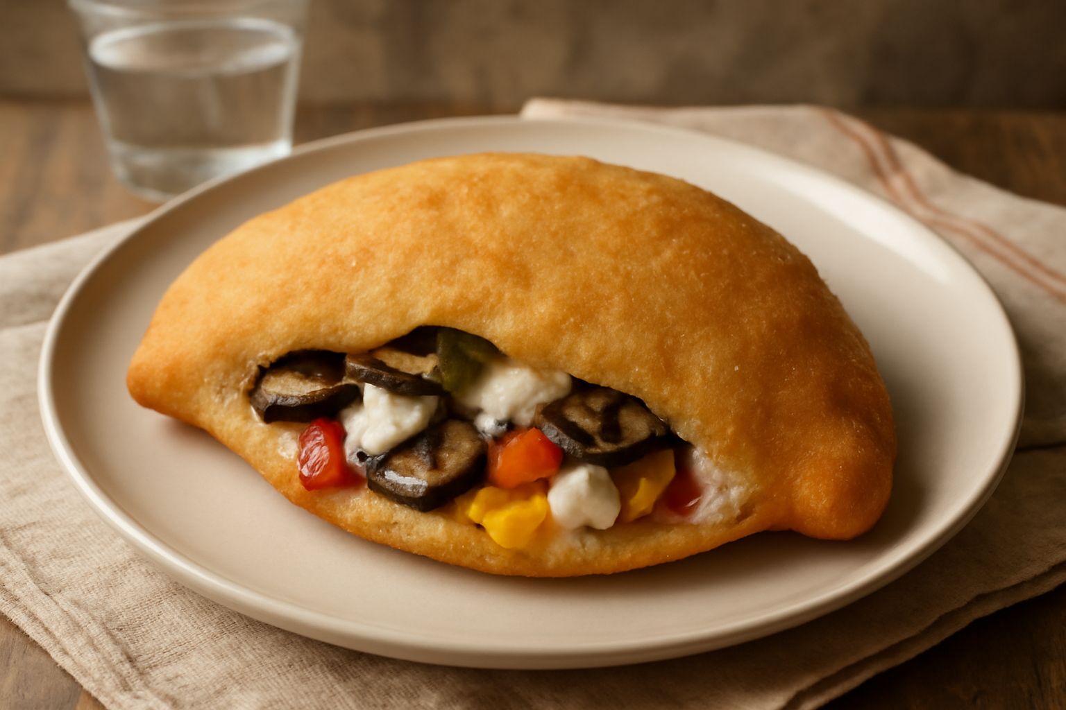 Ortolana fritta tagliata a metà, impasto dorato e croccante, ripieno di zucchine grigliate, melanzane, peperoni rossi e mozzarella filante, su carta bianca