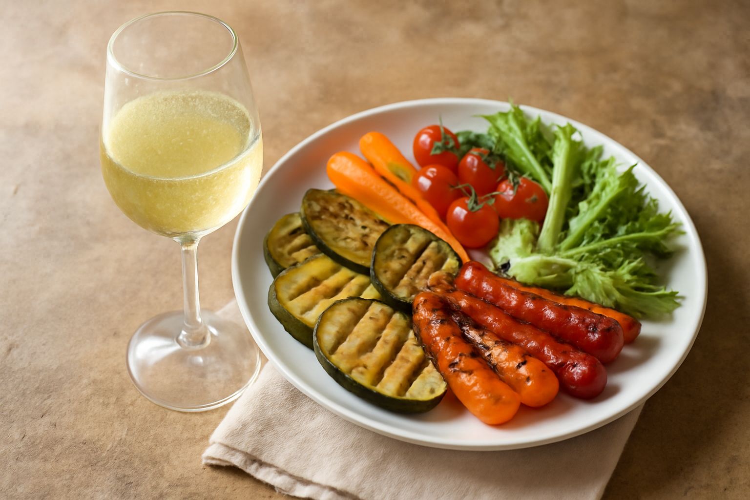 Bicchiere di vino bianco Ortrugo con riflessi giallognoli e verdastri, servito con piatto di verdure grigliate e limone fresco su tavolo di legno