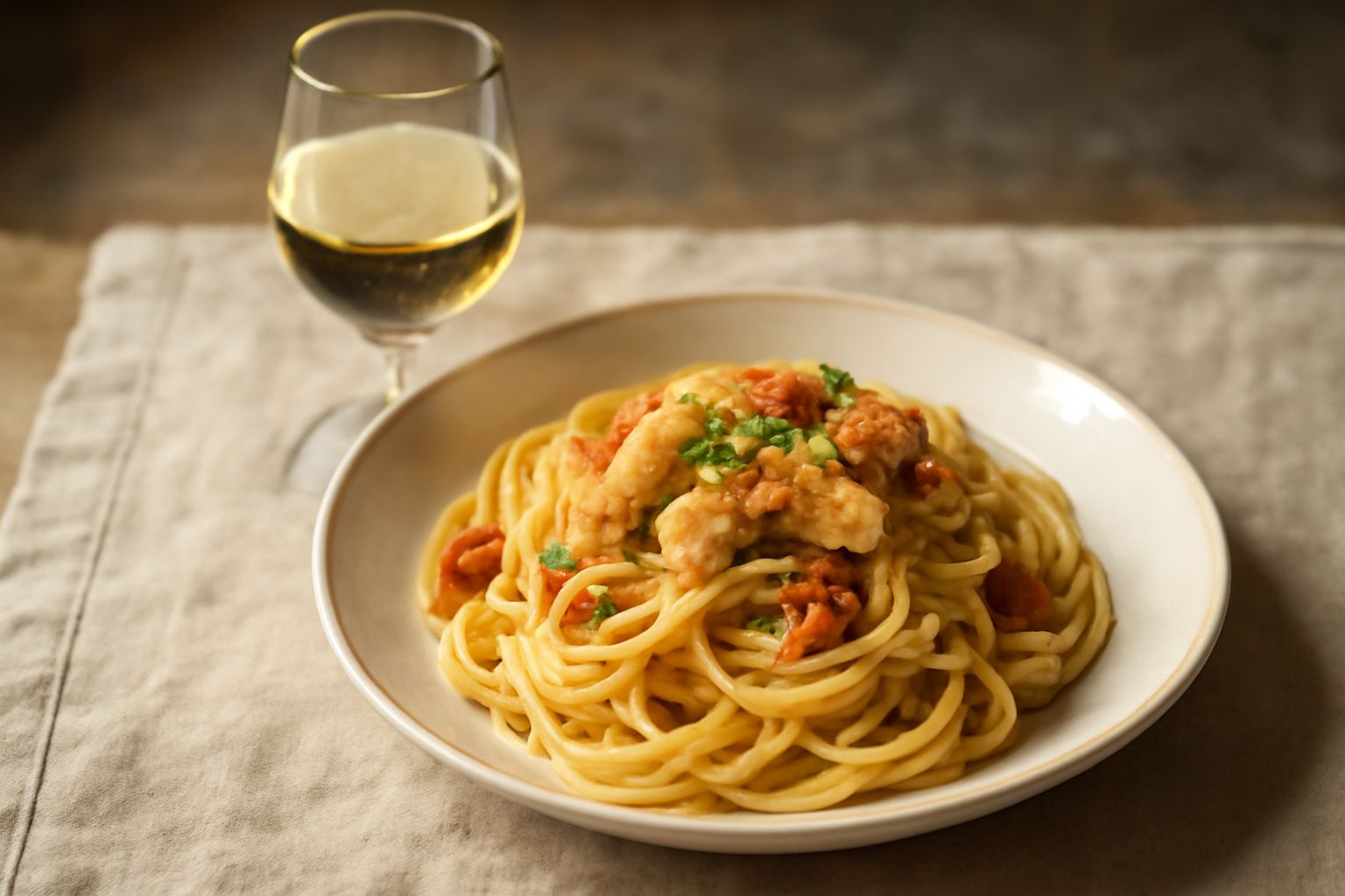 Bicchiere di vino bianco Orvieto Classico con riflessi dorati, servito freddo su tavolo in legno con uva bianca e pane toscano sfocati sullo sfondo
