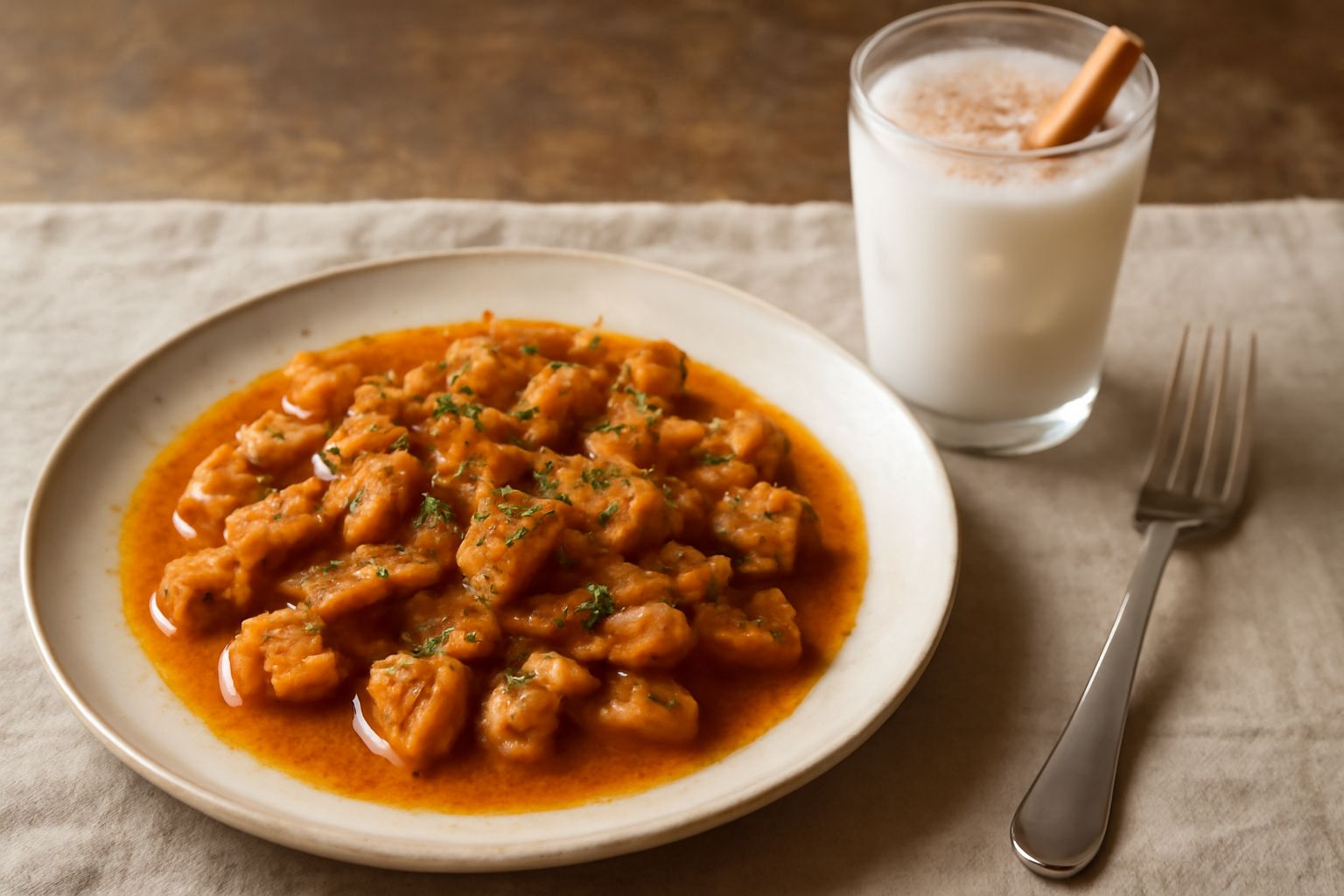 Un bicchiere alto di orzada cremosa bianca con pezzetti di ghiaccio, guarnito con una spruzzata di cannella sulla superficie, su tavolo di marmo bianco con una bottiglia di latte sfocata sullo sfondo