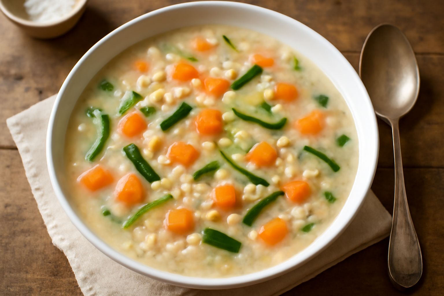 Ciotola di orzata con verdure: orzo perlato beige e trasparente, cubetti di zucchine verdi, carote arancioni, pomodori rossi, brodo chiaro, guarnita con prezzemolo fresco verde, servita in piatto bian