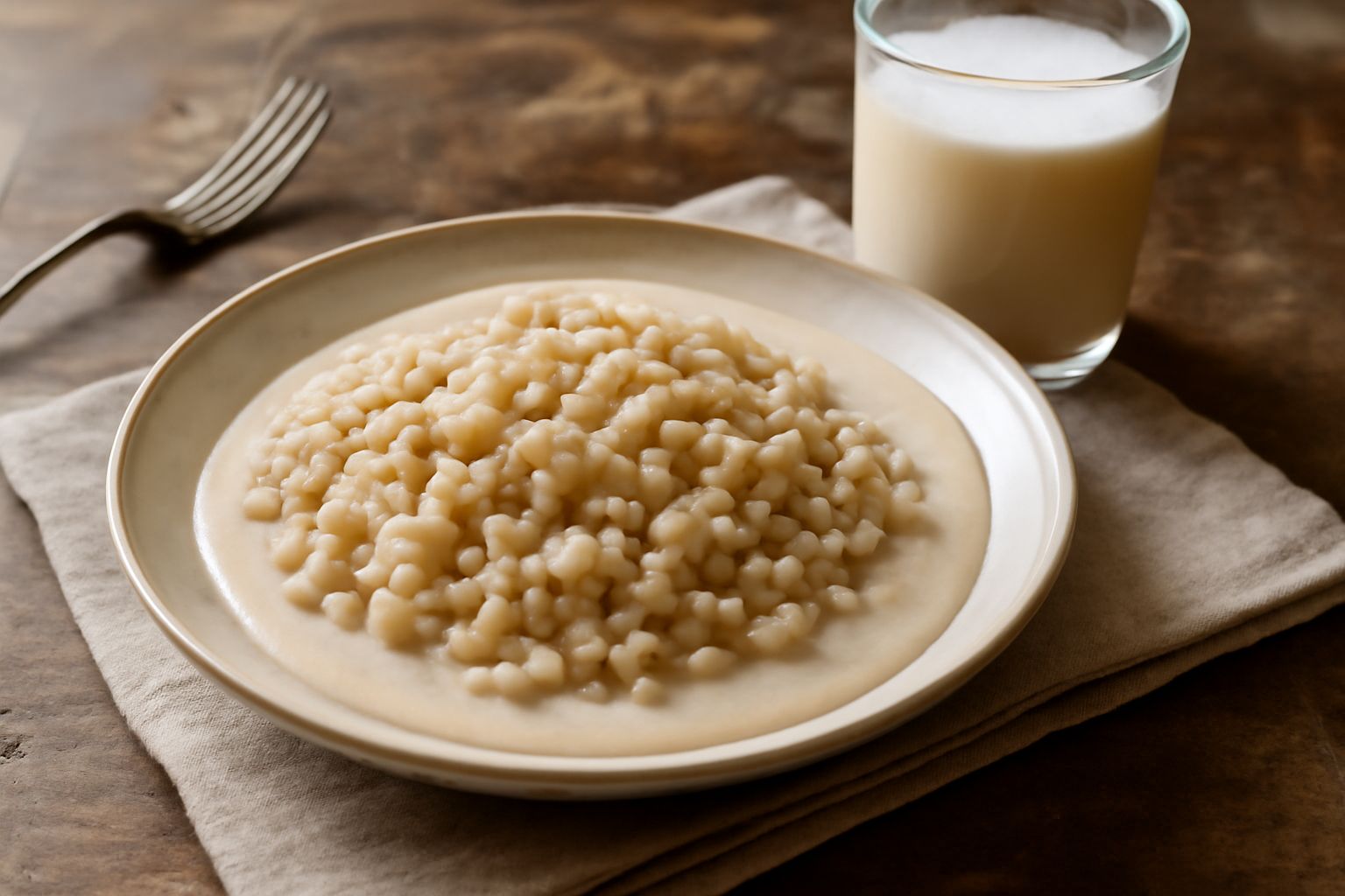 Un bicchiere di orzata cremosa color beige chiaro, con una leggera schiuma in superficie, su un piatto di ceramica bianca, accanto a un cucchiaio di legno e qualche chicco d'orzo