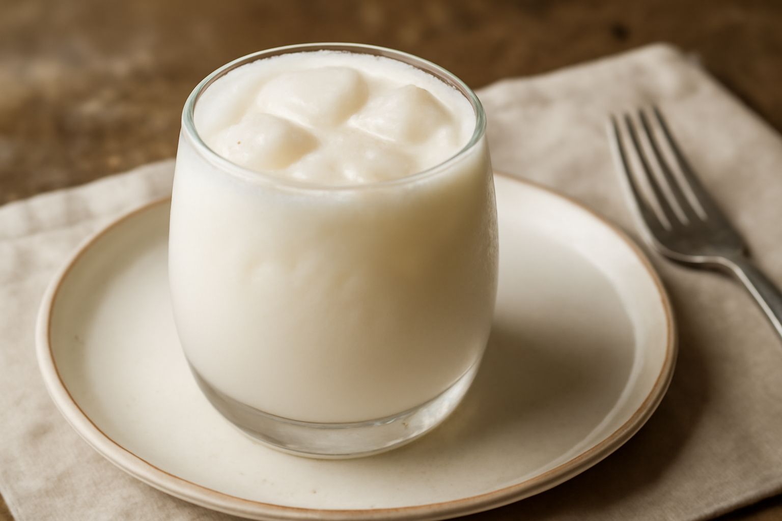 Bicchiere di orzata gelata color bianco latte con sfumature color crema, con cubetti di ghiaccio trasparenti, servita su un tavolo di legno con una cannuccia e qualche mandorla sgusciata accanto