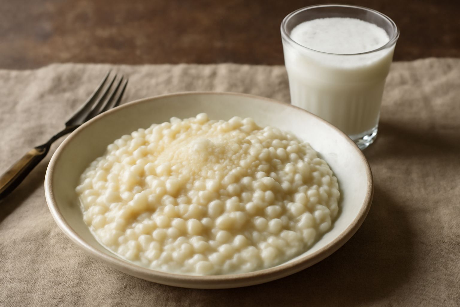 Bicchiere trasparente con orzata mantovana di colore bianco avorio, bevanda cremosa e omogenea, servita fredda con cubetti di ghiaccio e leggera schiuma in superficie