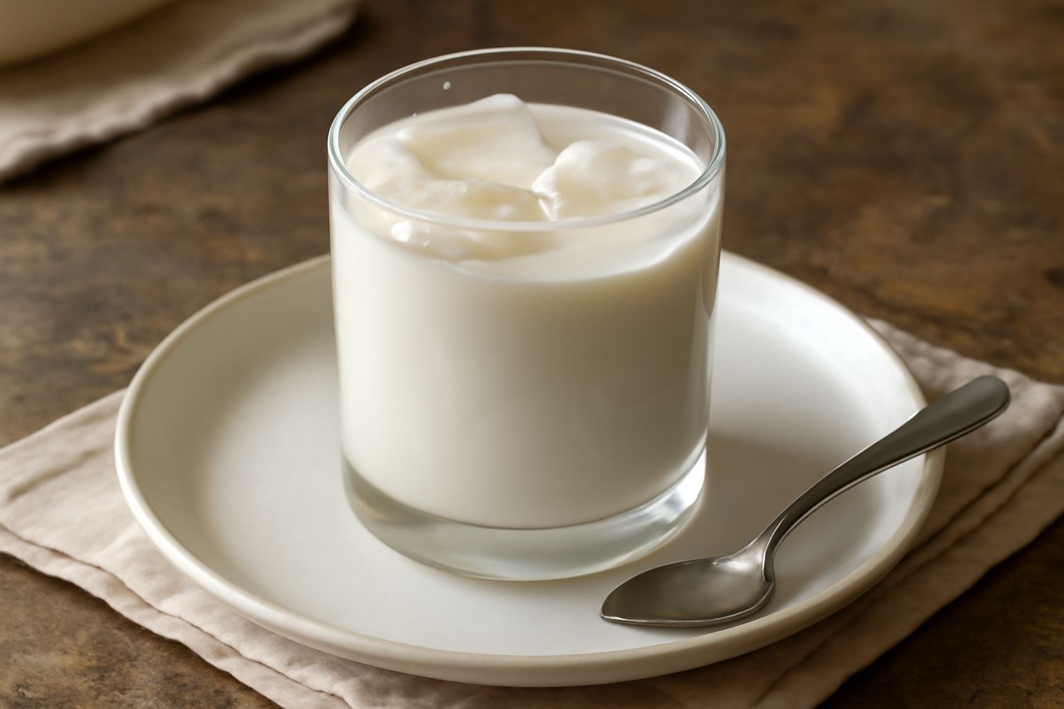 Bicchiere alto di vetro trasparente contenente orzata marchigiana di colore bianco crema, leggermente densa, con due cubetti di ghiaccio galleggianti in superficie, sfondo bianco neutro