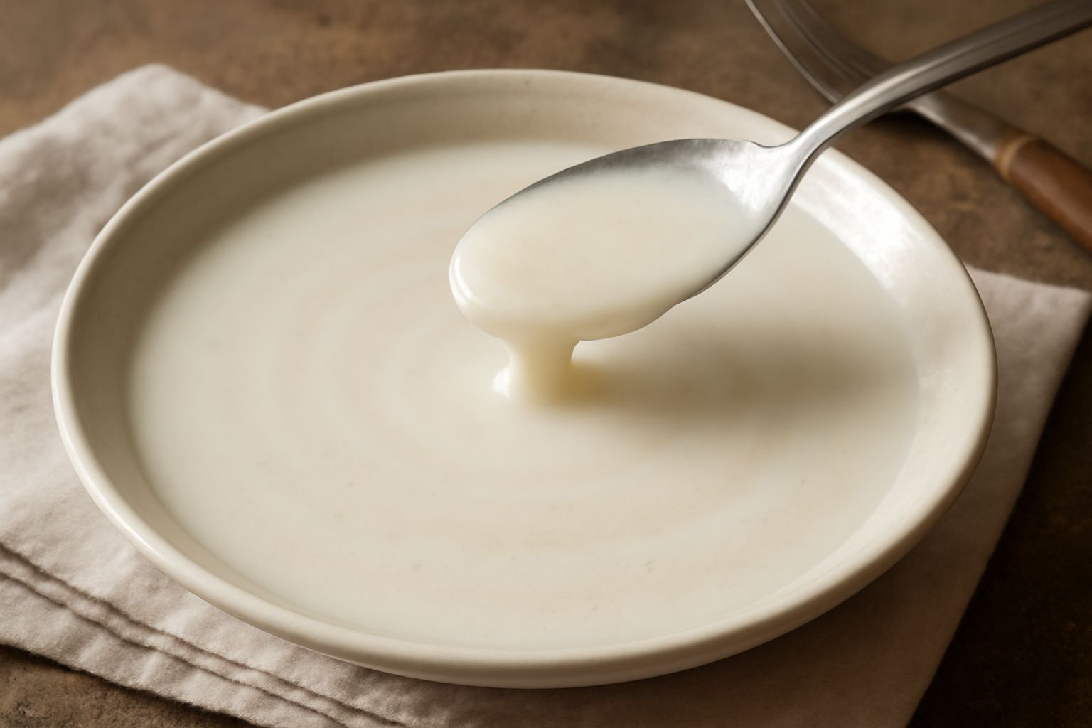 Bicchiere di vetro con orzata piemontese color bianco latte, servita fredda con cubetti di ghiaccio, sopra un sottobicchiere di tela, con una cucchiaiata di orzata su un piattino accanto