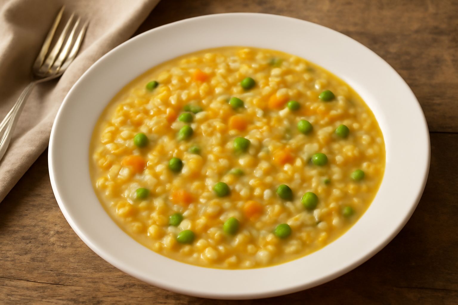 Orzetto cremoso in piatto bianco, colore beige-oro con riflessi di brodo, orzo gonfio e morbido, verdure verdi e dorate sparse in superficie, cucchiaio di legno appoggiato sul bordo del piatto