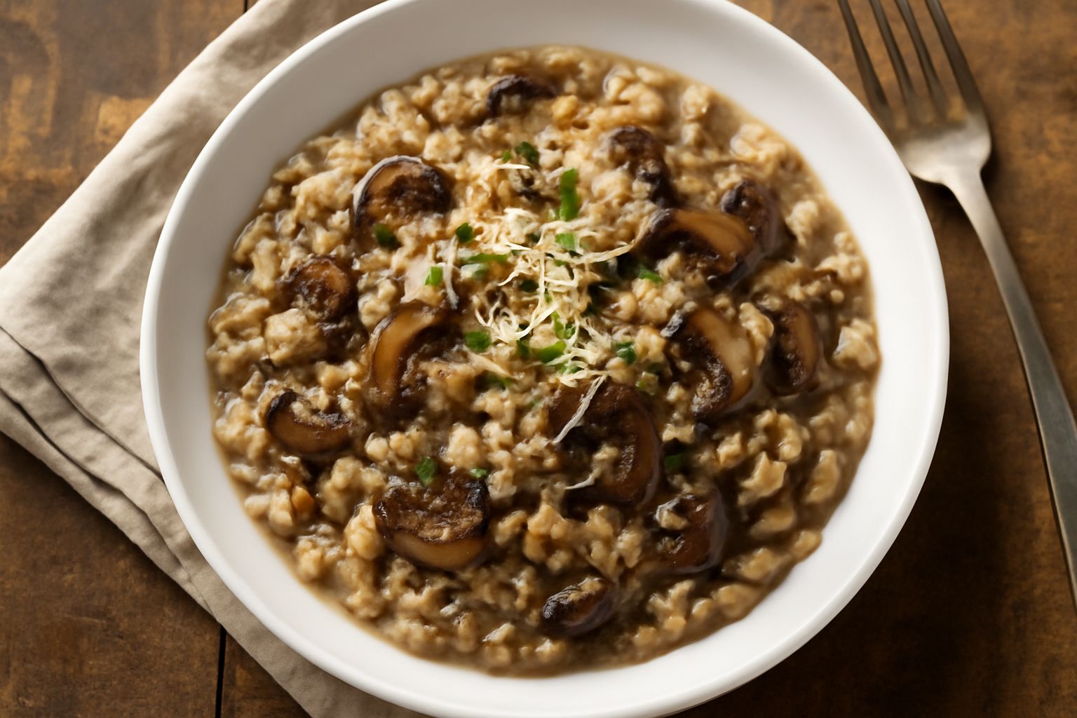 Orzetto cremoso ai funghi in ciotola bianca, surface spalmato di parmigiano grattugiato, funghi misti soffritti marrone scuro sparse in superficie, cucchiaio di legno accanto, fondo beige neutro