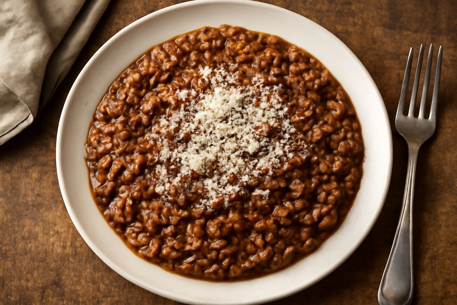 Orzetto cremoso con ragù in un piatto fondo bianco, cosparso di parmigiano grattugiato e odore di brodo caldo visibile dal vapore, con cucchiaio accanto