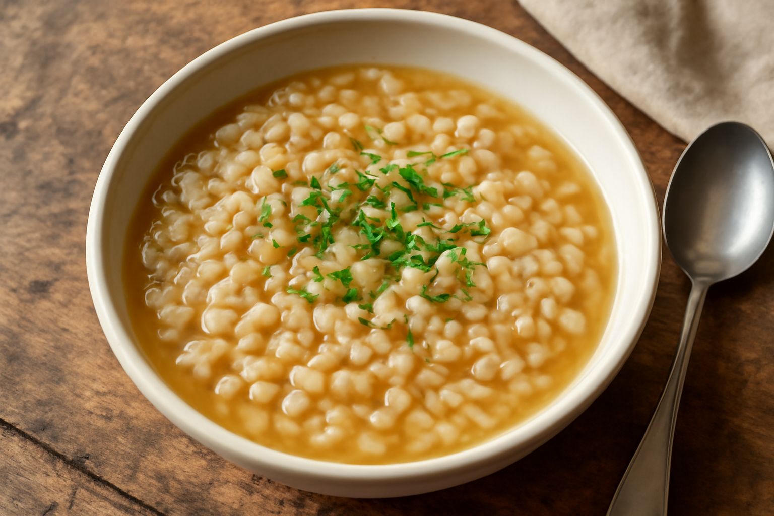 Ciotola di ceramica bianca con orzetto in brodo, chicchi di orzo dorati semi-trasparenti immersi in brodo trasparente dorato, piccoli pezzi di cipolla, un cucchiaio di metallo sul bordo, vapore appena