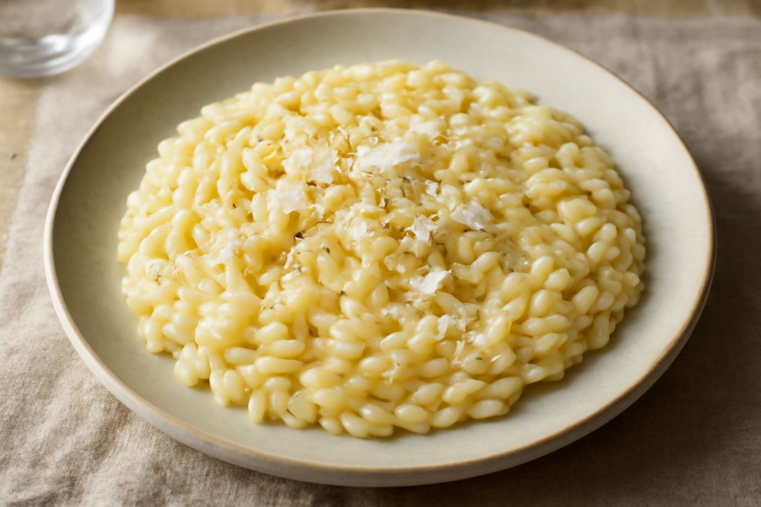 Ciotola bianca colma di orzo perlato cremoso e giallo, mantecato con burro e formaggio, guarnito con formaggio grattugiato in scaglie e pepe nero macinato fresco