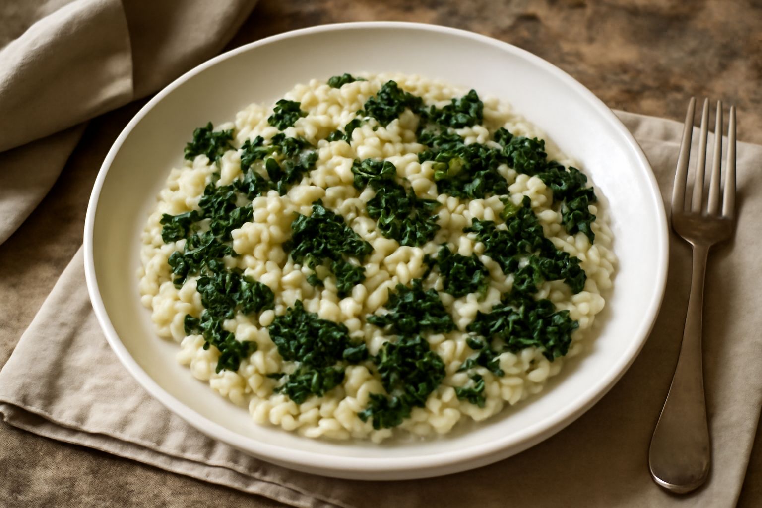 Orzo cremoso e cavolo verde tagliuzzato in una ciotola di ceramica bianca, con gocce di olio d'oliva lucente e una grattugiata di formaggio duro in superficie