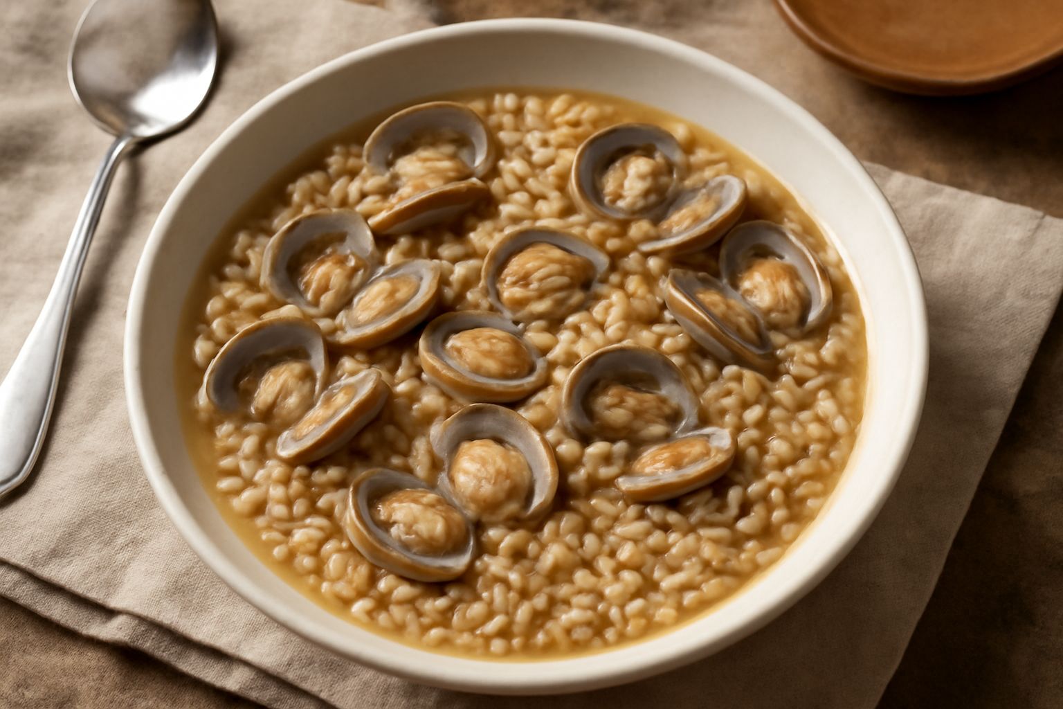 Piatto bianco fondo con orzo perlato beige, arselle aperte grigio-marroni sparse nel brodo trasparente, prezzemolo fresco verde scuro spolverato in superficie, fumante