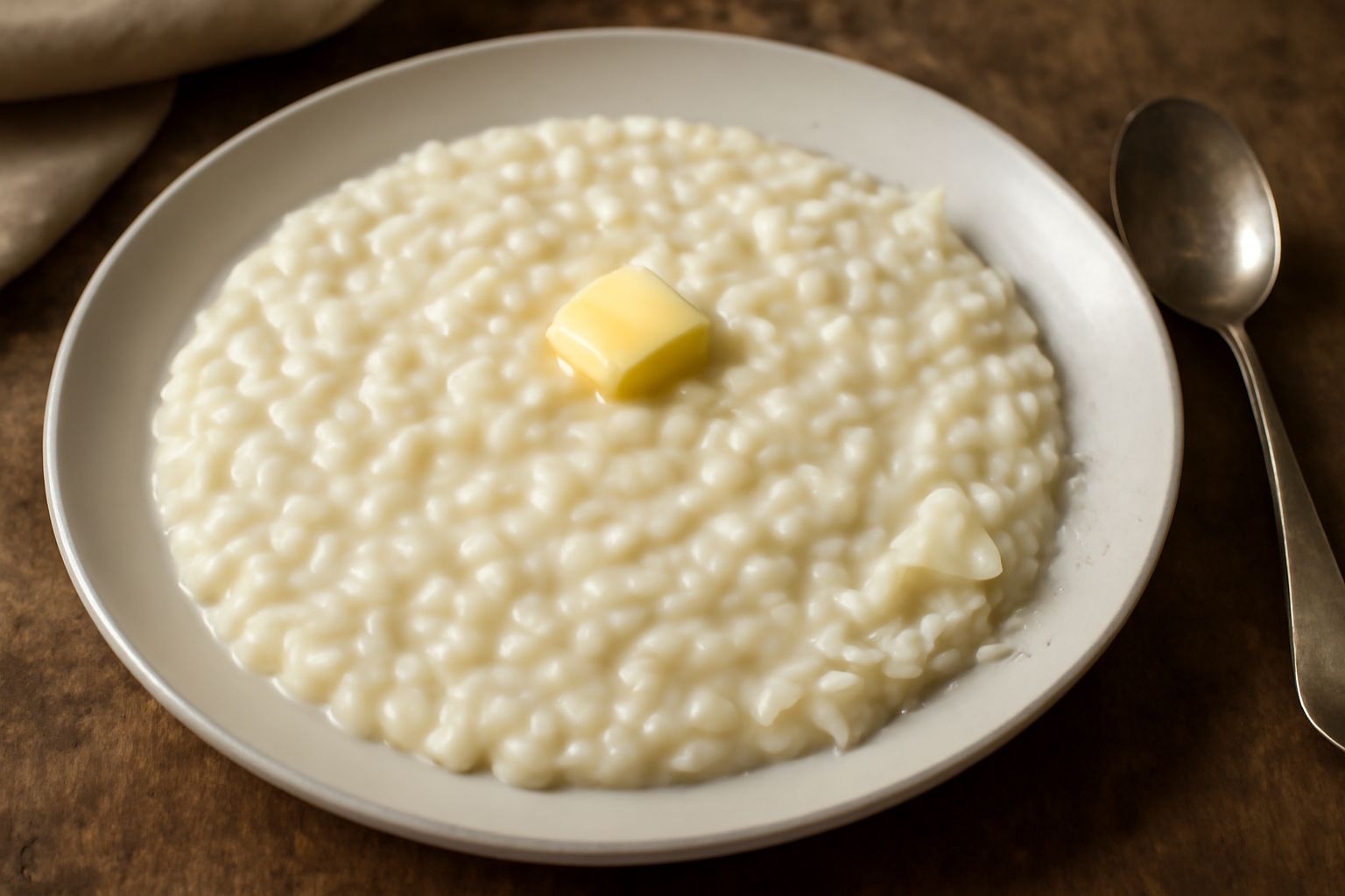 Orzotto cremoso bianco avorio servito in ciotola bianca, superfice morbida e lucida con una nocciolina di burro al centro e grani d'orzo visibili, bordo piatto pulito