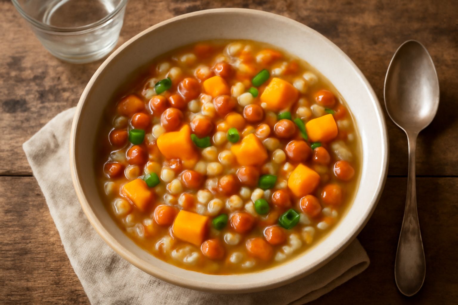 Piatto di minestrone con orzo e cicerchia, zucca gialla, carota arancione e prezzemolo verde fresco sparso in superficie, brodo chiaro, servito in ciotola di ceramica bianca