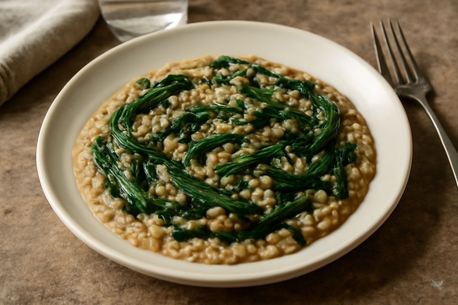 Orzotto cremoso beige in piatto bianco, con strisce di cicoria ripassata verde scuro, un filo di olio d'oliva in superficie, grana grattugiata sopra