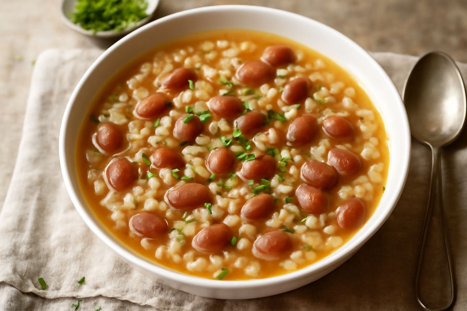 Ciotola di orzo e fagioli rossi in brodo leggero, guarnita con erba cipollina fresca e filo d'olio, con chicchi d'orzo ben visibili e fagioli interi ammorbiditi, servita su piatto bianco
