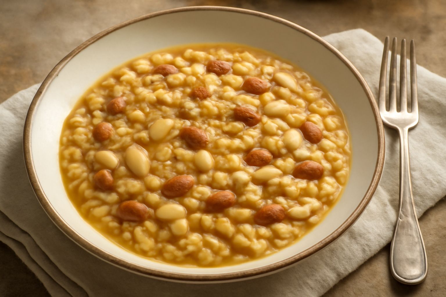 Orzotto cremoso color nocciola con fagioli bianchi e rossi sparsi nella portata, gambi di prezzemolo fresco sopra, servito in ciotola bianca su tavolo di legno chiaro