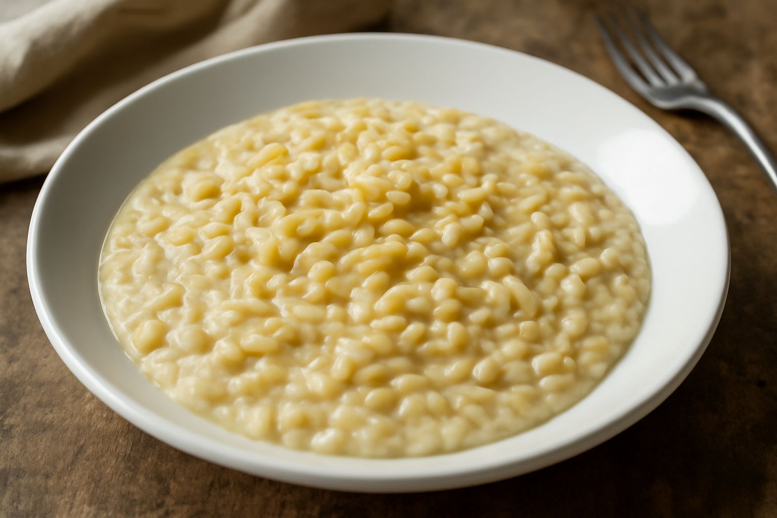 Orzotto cremoso di colore bianco avorio servito in un piatto bianco fondo, guarnito con formaggio grattugiato bianco, foglia di prezzemolo fresco verde e macinata di pepe nero