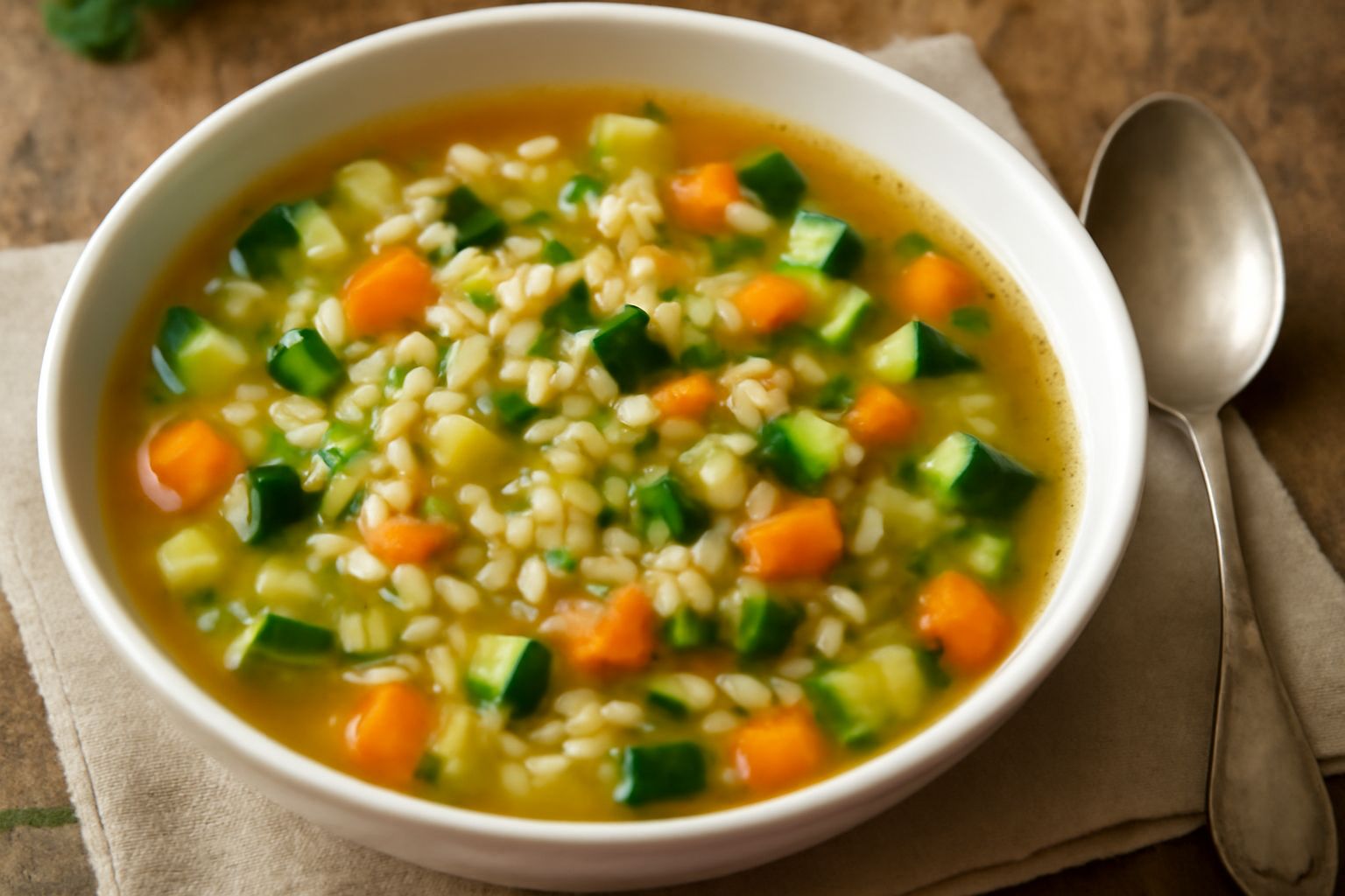 Minestra di orzo in una ciotola bianca con orzo visibile, dadini di zucchina verde e carota arancione, prezzemolo fresco sulla superficie, brodo trasparente, tavolo di legno chiaro sullo sfondo