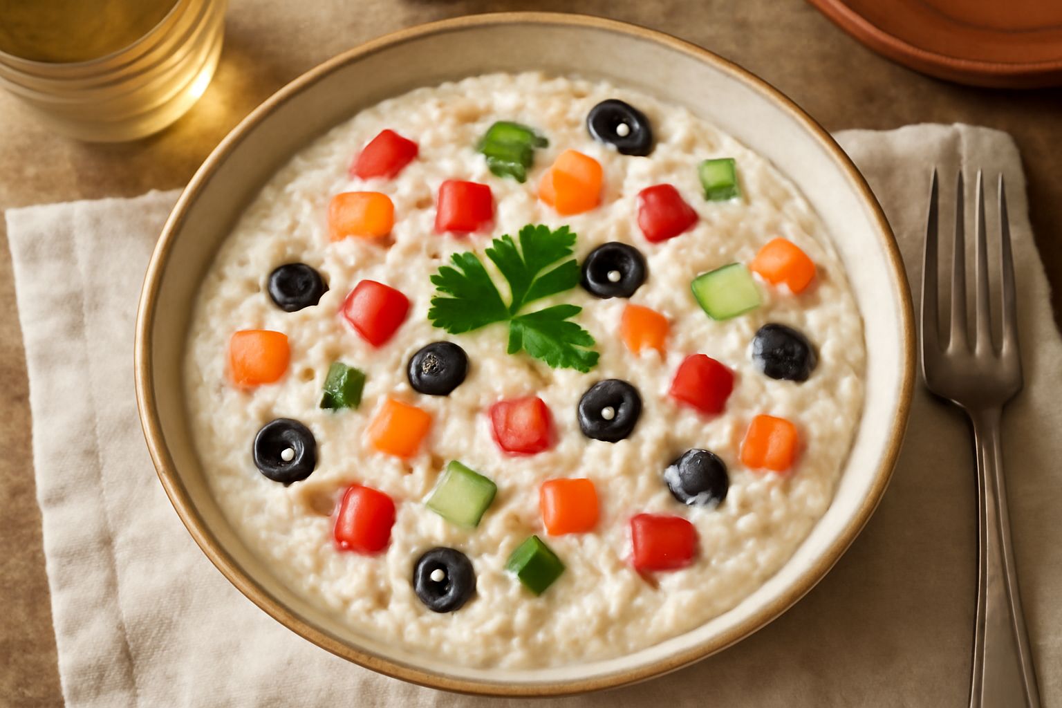 Ciotola di orzo freddo cremoso di colore bianco avorio, con dadi di verdure colorate (pomodori rossi, cetrioli verdi, carote arancioni), olive nere, servito in un piatto bianco con cucchiaio, su sfond