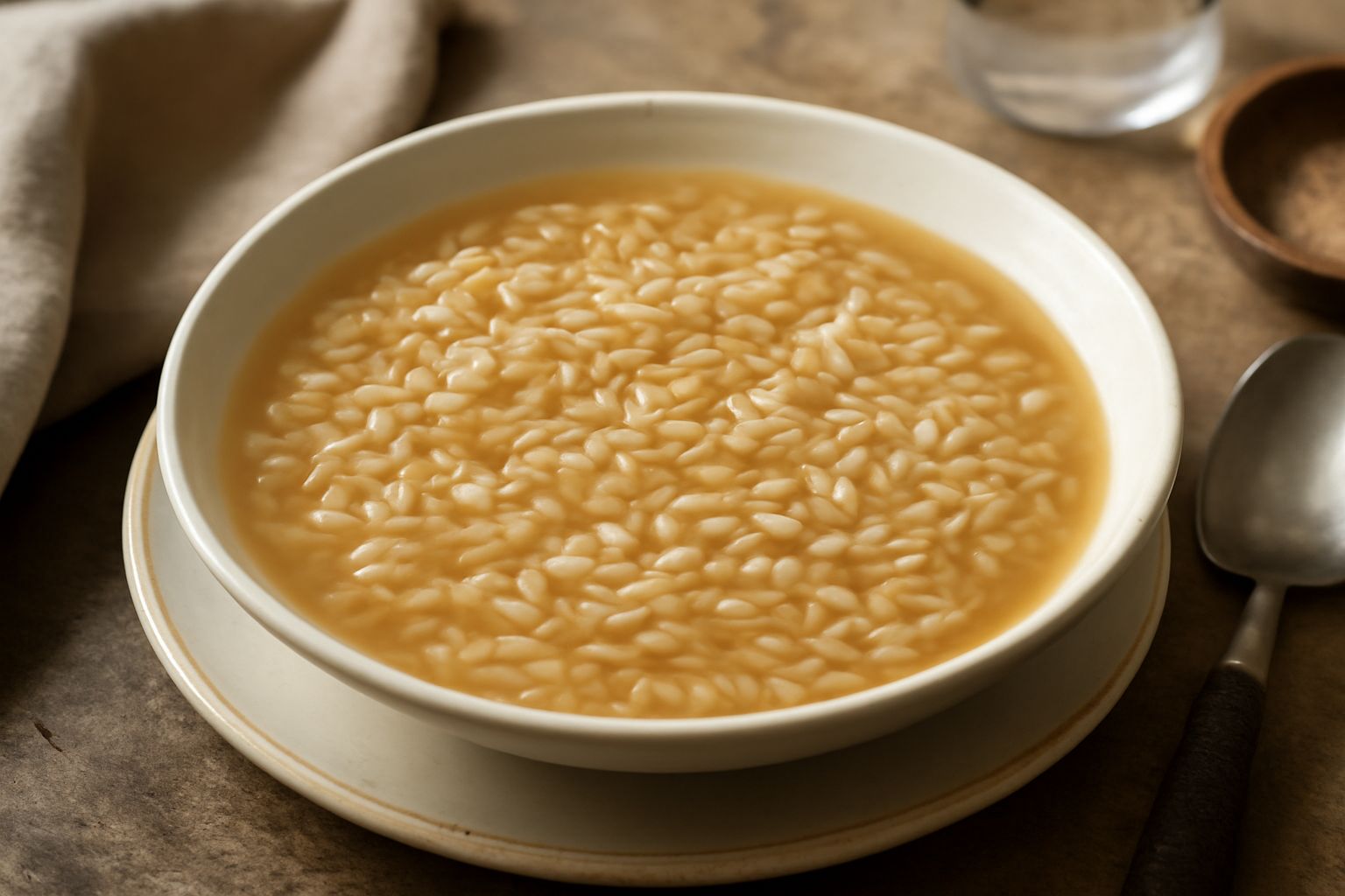 Una ciotola di ceramica bianca con orzo in brodo fumante: chicchi d'orzo beige e trasparenti dispersi in un brodo chiaro e ambrato, guarnito con prezzemolo fresco tritato e gocce di olio dorato sul bo