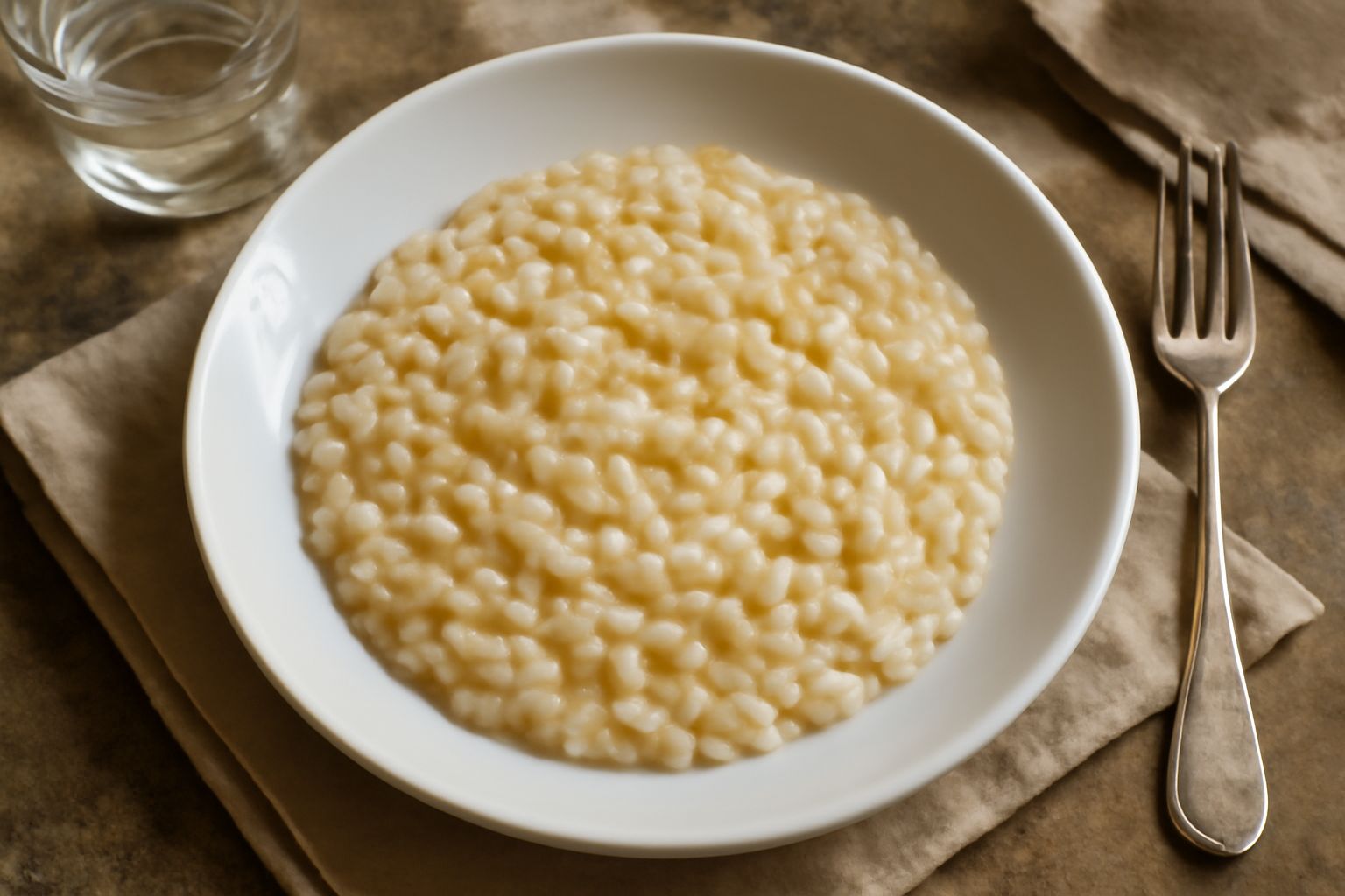 Ciotola di orzo perlato cotto, color avorio, con consistenza cremosa e grani interi visibili, condito con olio d'oliva e erbe aromatiche fresche, accanto a un cucchiaio di legno su un piano di legno b