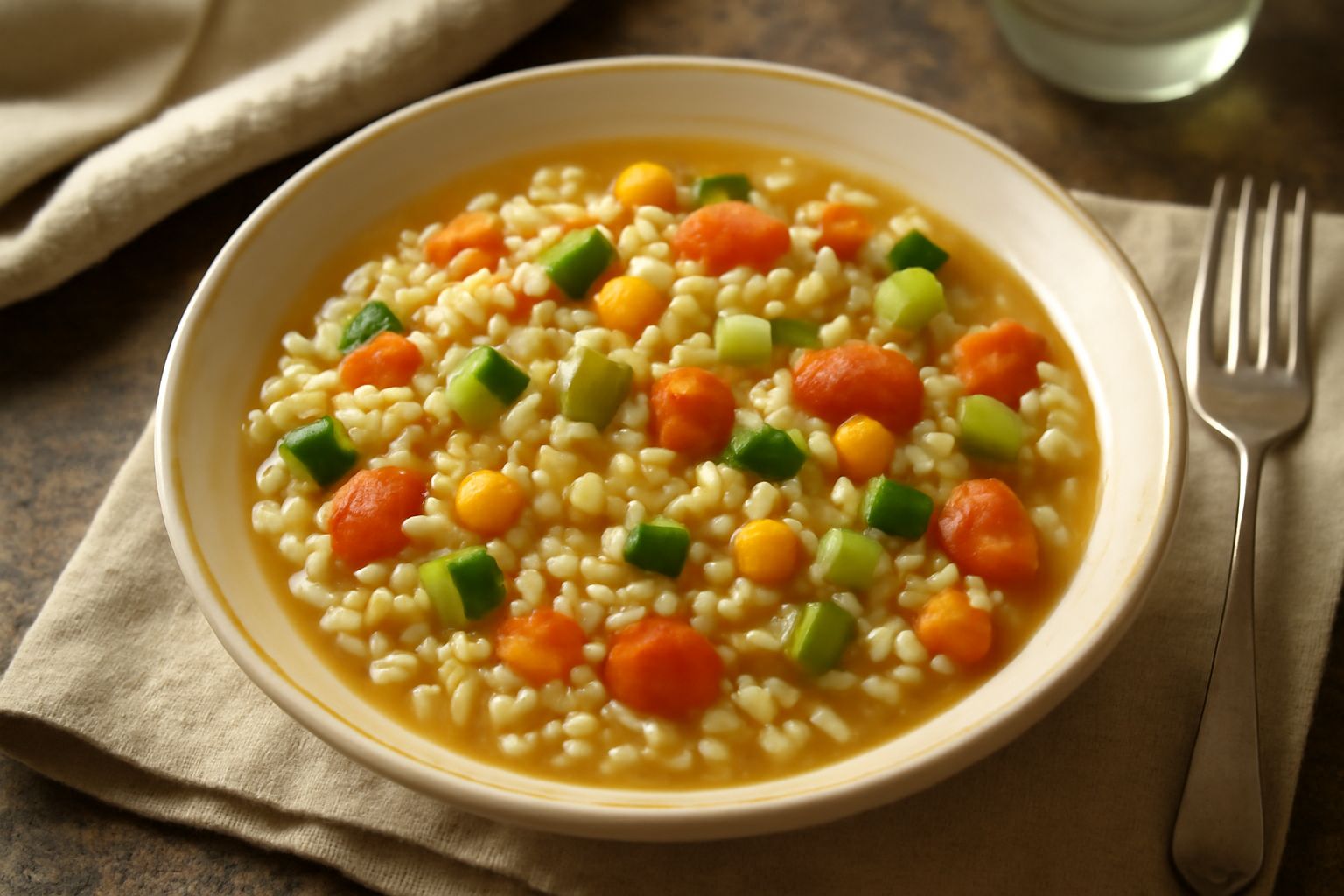 Piatto bianco con orzo perlato cremoso color avorio, zucchine tagliate a cubetti verde brillante, carote arancio, pomodori rossi, prezzemolo fresco verde in cima, in una composizione ordinata e appeti