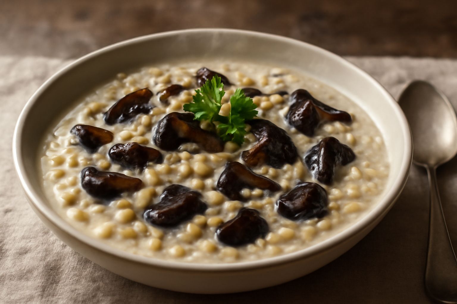 Un piatto fondo di ceramica beige con orzo perlato cremoso e funghi trifolati, gocce d'olio extravergine in superficie, prezzemolo fresco verde sopra, cucchiaio di legno poggiato sul bordo