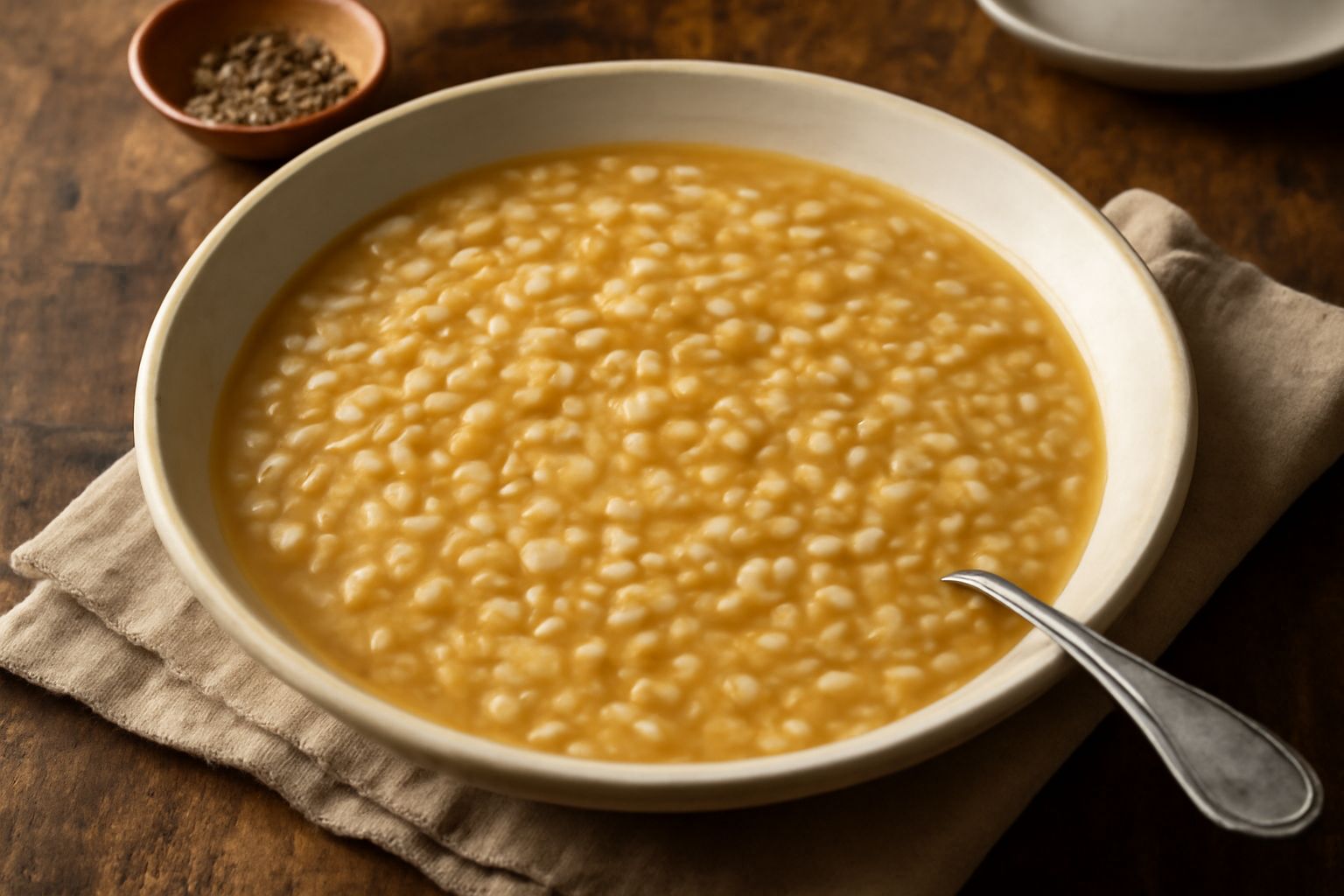Una ciotola di ceramica bianca con orzo perlato in brodo trasparente, grani bianchi visibili e brillanti, una fogliolina di prezzemolo fresco sul bordo, vapore leggero, cucchiaio di legno appoggiato s