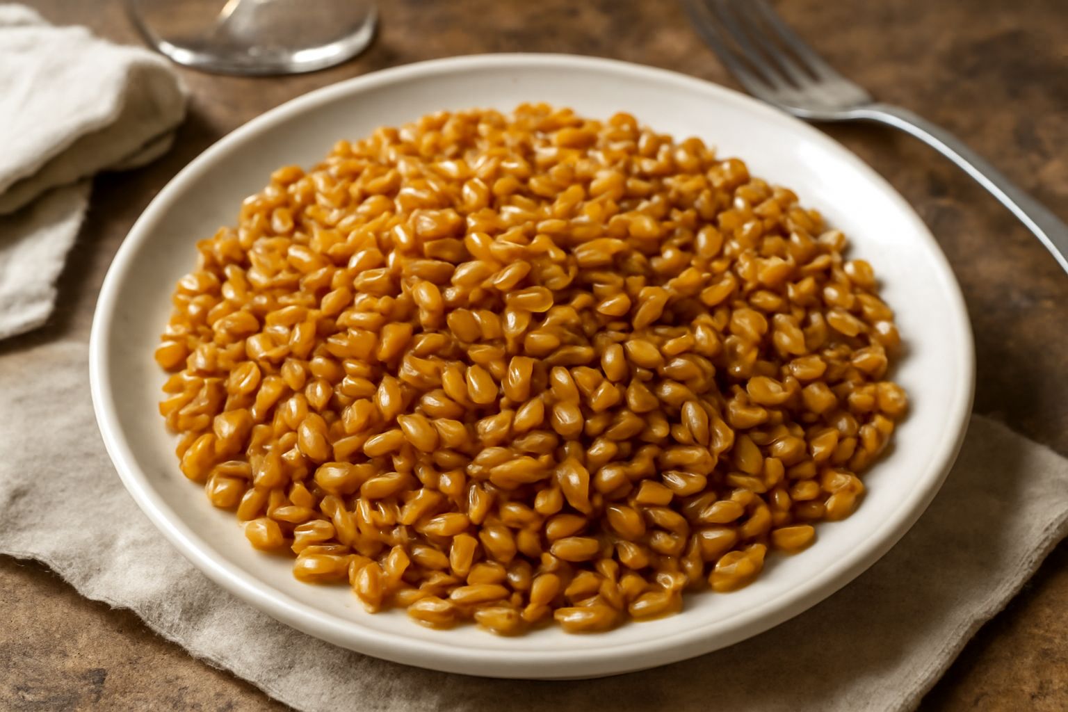 Orzo soffritto dorato in una padella di ferro, con chicchi croccanti e lucidi, sfondo neutro, cucinato in burro