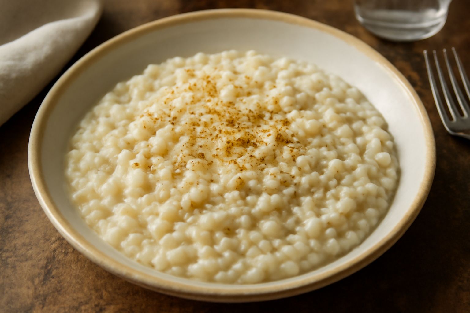 Piatto di orzotto cremoso colore avorio con cucchiaio in legno immerso nel centro, grani di orzo visibili, spruzzata di formaggio grattugiato giallo pallido e pepe nero in superficie