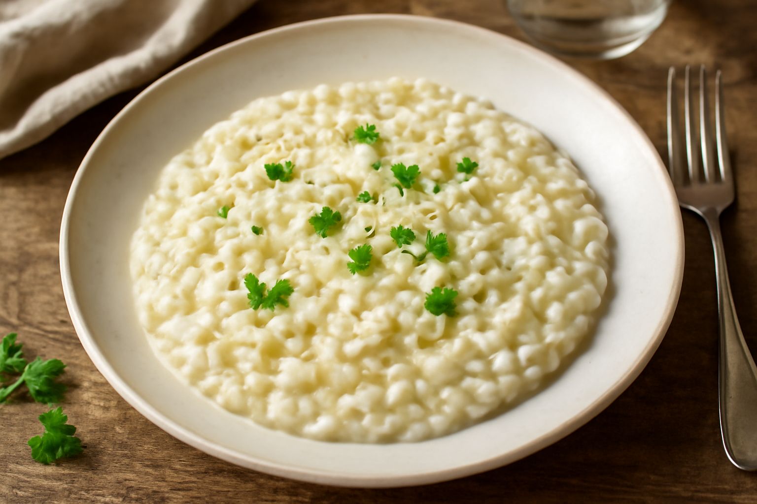 Un piatto bianco con orzotto cremoso di colore avorio, condito con scaglie di formaggio grattugiato, un filo d'olio d'oliva e una manciata di prezzemolo fresco tritato, servito con un cucchiaio di leg