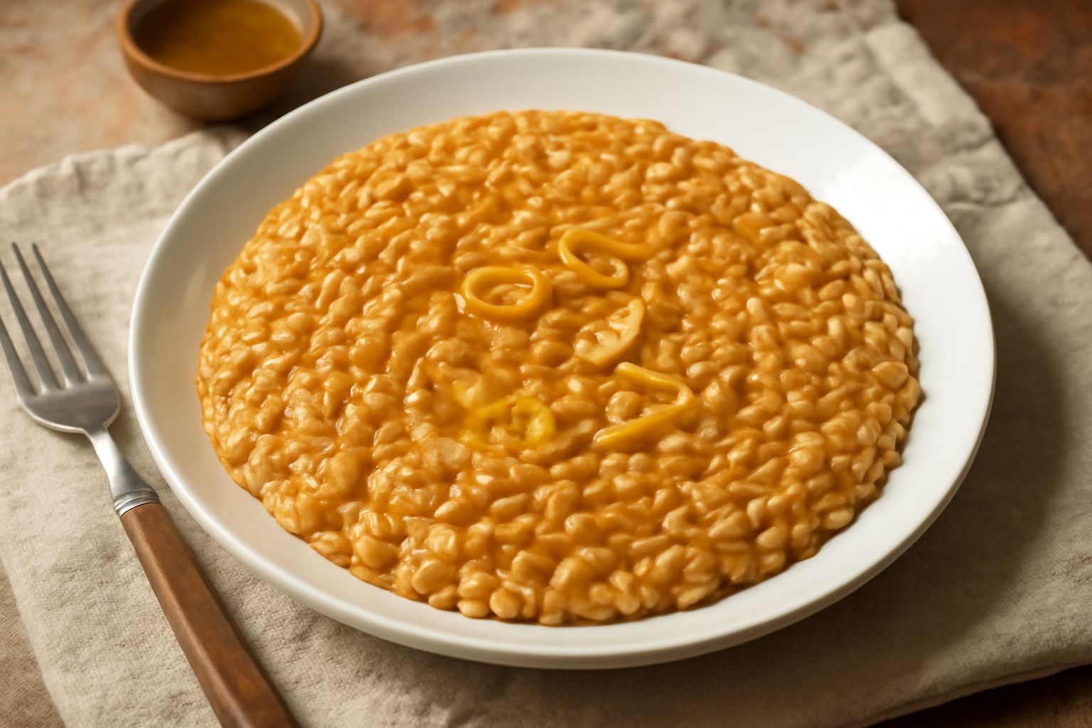 Orzotto all'aglione in piatto bianco fondo, cremoso color nocciola con fili di aglio dorato in superficie, spolverato di pepe nero, cucchiaio di legno appoggiato a lato