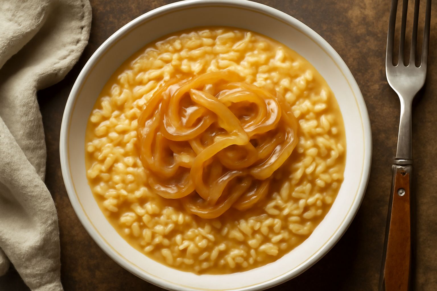 Orzotto cremoso in ciotola bianca, colore beige dorato con cipolle caramellate trasparenti sparse sopra, grattugia di Parmigiano e cucchiaio di legno